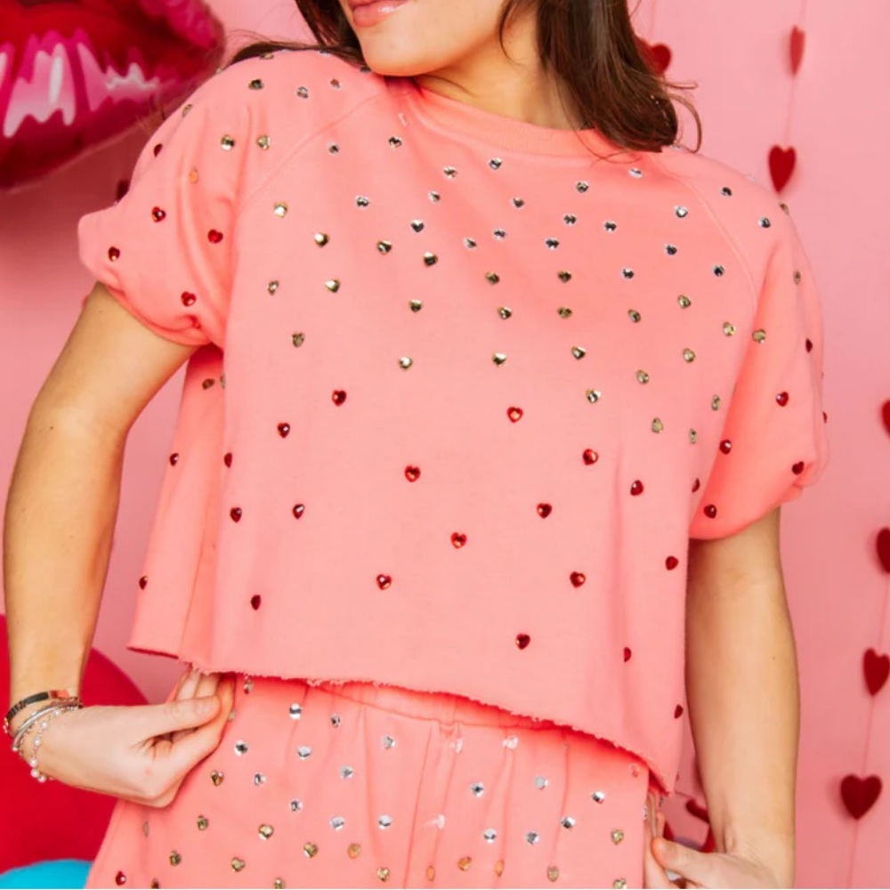 Queen of Sparkles Pink Heart Jewel Poof Sleeve Top